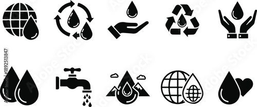 Collection of black water drop icons for conservation, recycling, and global ecology environmental concepts.