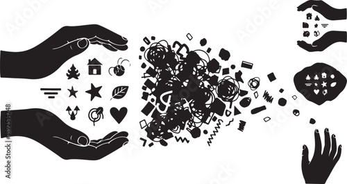 Hands releasing various symbols and icons into the air