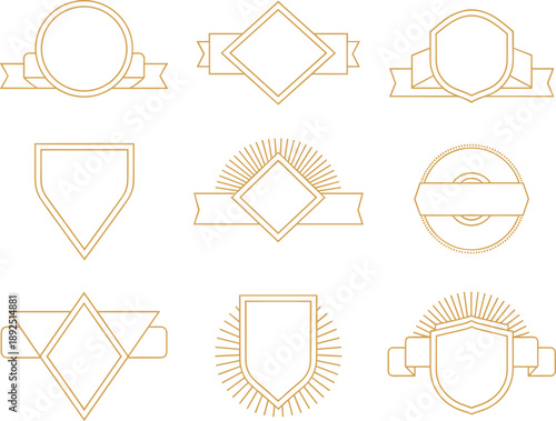 Geometric vintage badge frames collection, linear emblem labels with ribbons shields circles, minimal outline design elements isolated on white background