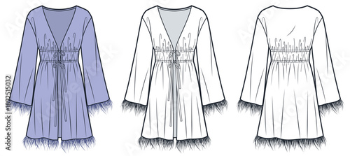 Women mini Dress with Feather Trim and Tie Waist Technical Flat Sketch. Tunic Dress fashion flat technical drawing template, drawstring, draped, front and back view, white, lilac, women CAD mockup.