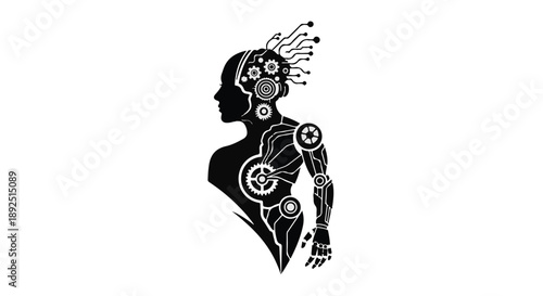 Futuristic robotic human silhouette with mechanical brain