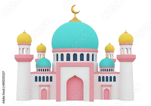 Islamic mosque illustration with turquoise dome and golden crescent moon