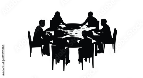 Silhouette of diverse group of people sitting around a table in meeting