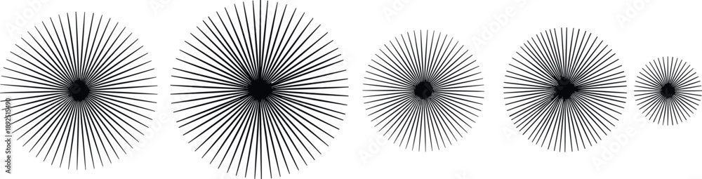 Obraz premium Abstract black sunburst line art collection, radial geometric burst vector elements, decorative circular rays set for minimalist graphic design, starburst explosion pattern shapes