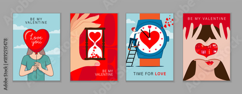Woman holding heart shaped balloon and heart made of fingers, Be my Valentine creative covers set. Hand holding hourglass with heart and clock with hour markers made of hearts - Valentine's Day poster