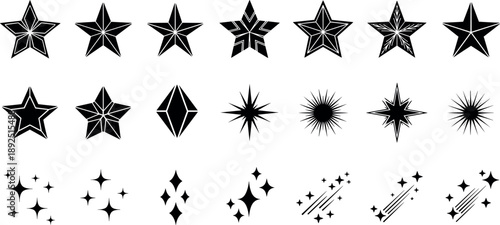 Abstract black star icons collection, sparkling twinkle vector elements, decorative celestial shapes set for minimalist graphic design, shooting stars and shining burst illustrations