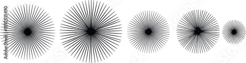 Abstract black sunburst line art collection, radial geometric burst vector elements, decorative circular rays set for minimalist graphic design, starburst explosion pattern shapes