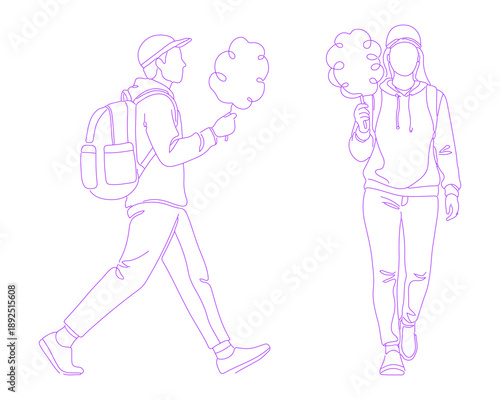 Customer Walking with Cotton Candy Lineart Illustration