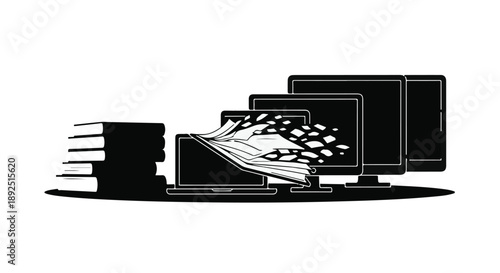 Paperwork pouring out of overflowing filing cabinet next to computer monitors