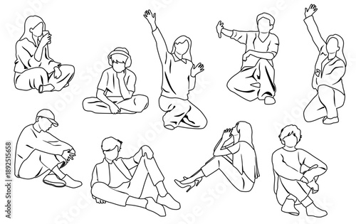 Collection of silhouettes of sitting men, women, teenagers and children, hand up, hand drawn vector images, linear sketch, group of people isolated on white background.