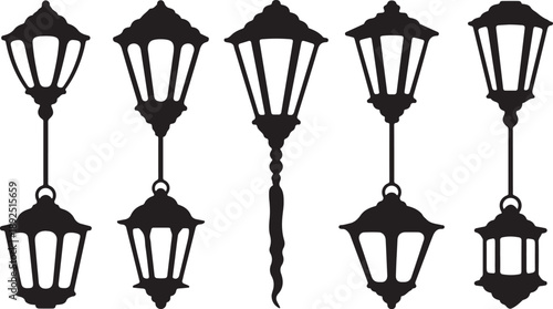 Black Silhouette Street Lamp Illustrations on White Background Set