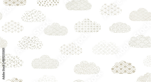 Seamless pattern of decorative Japanese cloud shapes with traditional gold textures, seigaiha waves, and geometric motifs for elegant oriental wallpaper and cultural background designs,
