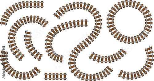 Set of railway track vector elements with straight curved and circular railroad sections for train map construction transportation and logistics design illustration