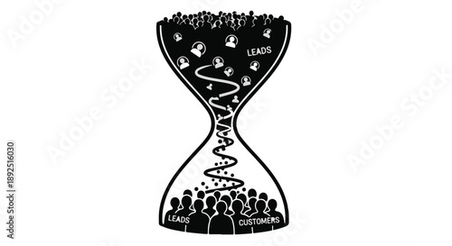 Diverse crowd transforms into united community through symbolic hourglass