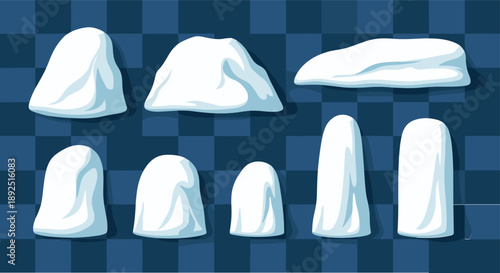 Set, of, white, snow, caps, ice, heaps, winter, weather, elements, vector, illustration, isolated, on, blue, background, frost, frozen, drifts, arctic, cold, season, graphics