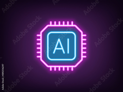 Outline neon AI microchip icon, magenta blue. Neon computing processor for AI tasks. Computer CPU microcircuit, smart microprocessor with integrated AI algorithms, chip of neural network. Vector
