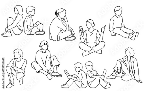 Group of silhouettes of sitting men, women, teenagers and children, with smartphone, hand drawn vector images, linear sketch, group of people isolated on white background