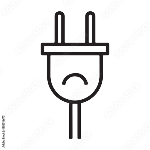 A sad electrical plug icon with a frowning face is shown vector outline icon use as a symbol, web graphic design, and infographic icon