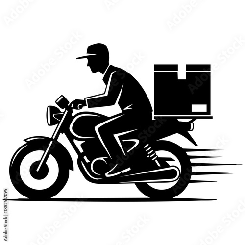 Fast express delivery service silhouette of courier riding motorcycle with shipping package