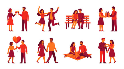 Romantic couple set including dancing, picnicking, walking, and sitting on bench scenes isolated. Valentines day and relationship illustration collection.