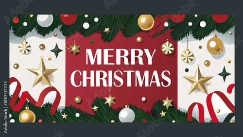 Flat vector christmas garland with merry christmas sign and gold decorations across a white background for holiday greeting cards and festive designs