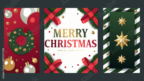 Flat abstract festive shapes and winter icons for christmas and holiday greeting cards with merry christmas text on white background with Flat design