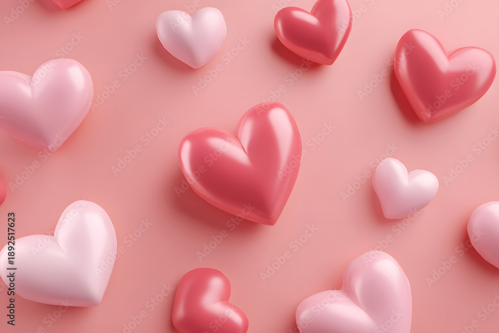 Fototapeta premium Various hearts in different shades scattered on a soft pink background ready for celebration