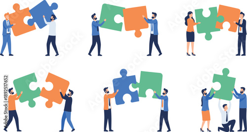 Teamwork Puzzle Illustration Set Showing Collaboration, Partnership, Problem Solving, and Team Building Concepts for Business and Corporate Design Projects