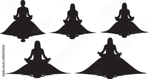 Silhouettes of women meditating in various yoga poses peacefully
