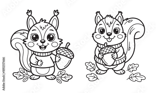 Cute Squirrel Cartoon Vector Illustration with Acorn – Adorable Woodland Animal Line Art for Kids Coloring and Autumn Design