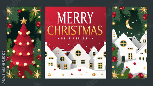 Snowy village silhouettes with warm lights and decorations on a christmas night with christmas lights and winter night and snowy landscape and christmas decorations