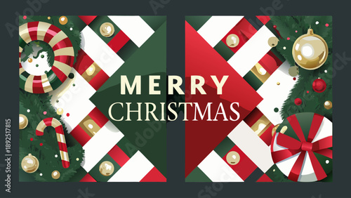 Stylish flat illustration with symmetrical ornament merry christmas greeting card template with candy canes snowman and gold baubles on green background for festive