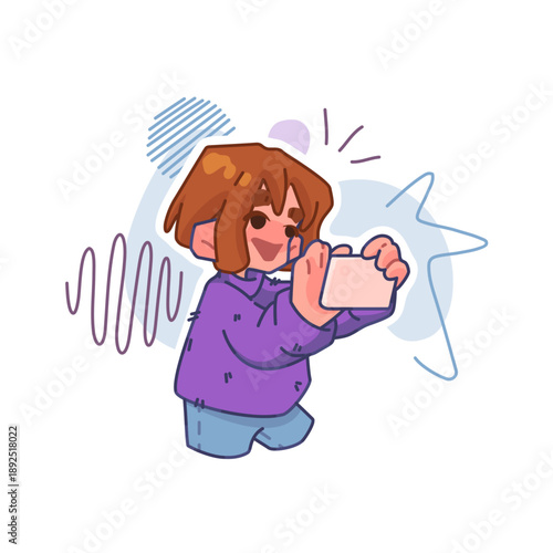 Mobile content communication character. Cartoon flat illustration of a person creating digital content on a smartphone, representing digital communication, storytelling business, and content creation.