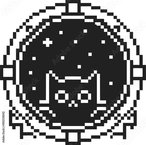 Pixel art cat face in astronaut helmet floating in space with stars and dark background, retro gaming
