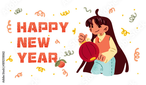 Chinese New Year girl character illustration. Cute cartoon flat illustration of a smiling girl holding a red lantern with festive decorations and holiday greeting.