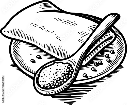 Flour sack with wooden spoon filled with grains on plate baking ingredient and cooking essentials