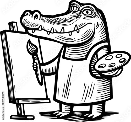 Alligator artist painting on easel with brush and palette, creative reptile in apron drawing artwork