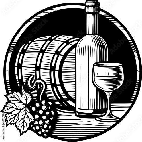 Vintage wine barrel with bottle, glass, and grape cluster illustration in black and white circle design