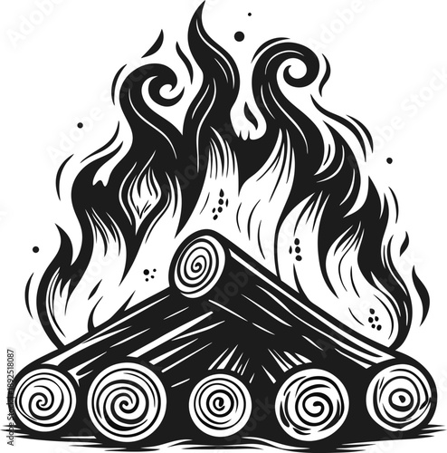 Illustration of burning campfire logs with flames in black and white, outdoor nature bonfire concept