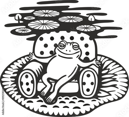 Relaxed frog seated on a patterned armchair under water lilies with a large leaf base