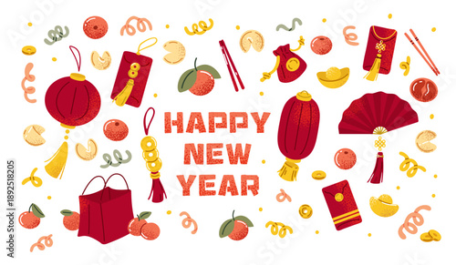 Lunar New Year festive objects illustration. Cartoon flat collection of traditional holiday decorations, symbols, food, and greeting typography for seasonal design.