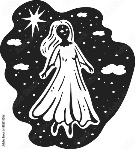 woman floating in starry night sky with clouds and shining star silhouette, mystical and serene scene