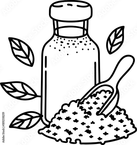 salt shaker with coarse salt and wooden scoop surrounded by leaves, natural seasoning and cooking ingredient