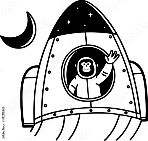 Chimpanzee astronaut waving from a rocket in space with crescent moon and stars background