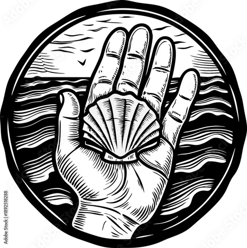 Hand holding seashell with ocean waves background, nautical and marine nature design concept