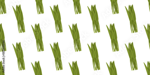 Wild garlic ramsons seamless pattern. Repeating cartoon flat pattern with fresh ramsons leaf bunches, suitable for food packaging, kitchen decor, textile, and organic lifestyle concepts.