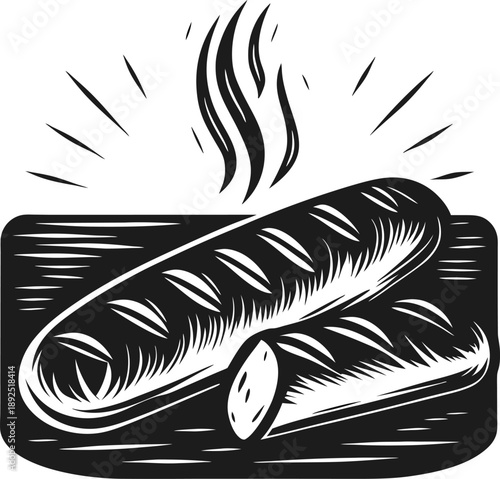 Freshly baked baguettes with steam on wooden cutting board, traditional french bread illustration