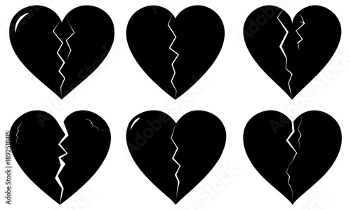 Collection of broken heart illustrations showcasing various cracks and fractures in a series of black hearts