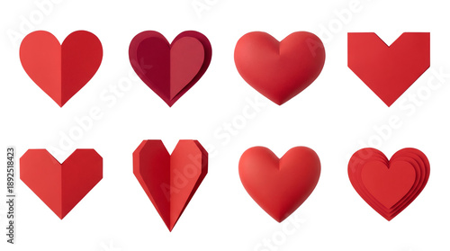 Red heart set including origami, papercraft, layered, and 3D puffy styles isolated. Valentine's Day and love symbol collection.