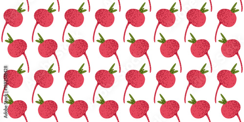Radish vegetable seamless food pattern. Repeating cartoon flat pattern with fresh red radishes, suitable for food packaging, kitchen decor, textile, and healthy lifestyle design.
